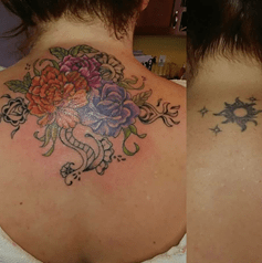 Tattoo of a coverup from a star to a bunch of colorful flowers